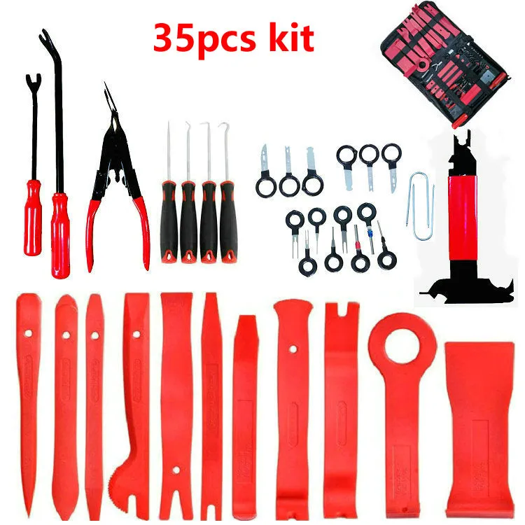 Car interior door panel repair tool set with red nylon pry wedges