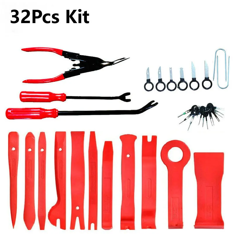 Car interior door panel repair tool set with red nylon pry wedges