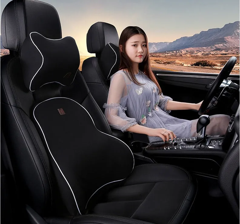 Car memory foam headrest and lumbar cushion set in black with technology breathable mesh fabric