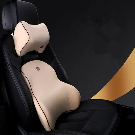 Car memory foam headrest and lumbar cushion set in black with technology breathable mesh fabric