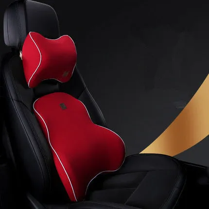 Car memory foam headrest and lumbar cushion set in black with technology breathable mesh fabric