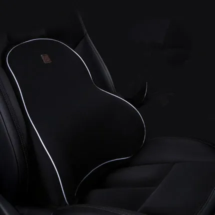 Car memory foam headrest and lumbar cushion set in black with technology breathable mesh fabric