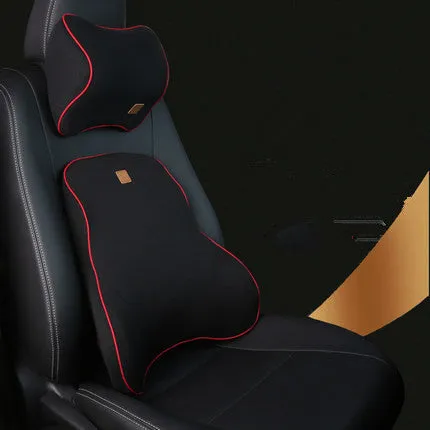 Car memory foam headrest and lumbar cushion set in black with technology breathable mesh fabric