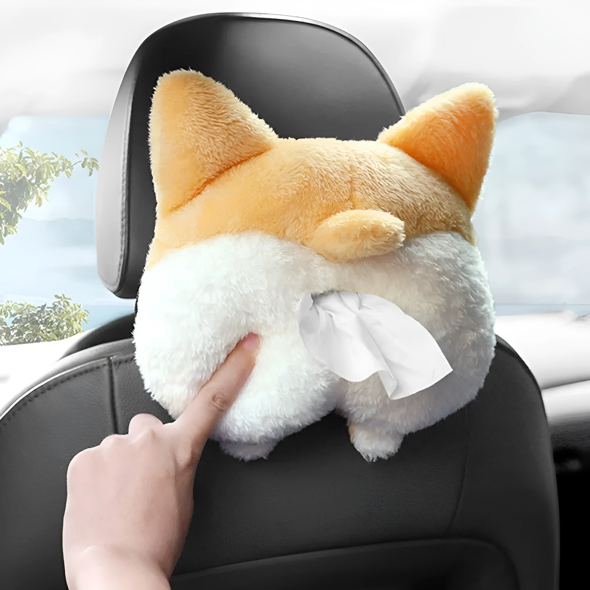 Soft yellow corgi butt-shaped tissue box cover with elastic strap for car sun visor.