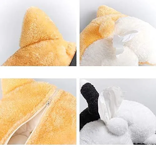 Soft yellow corgi butt-shaped tissue box cover with elastic strap for car sun visor.