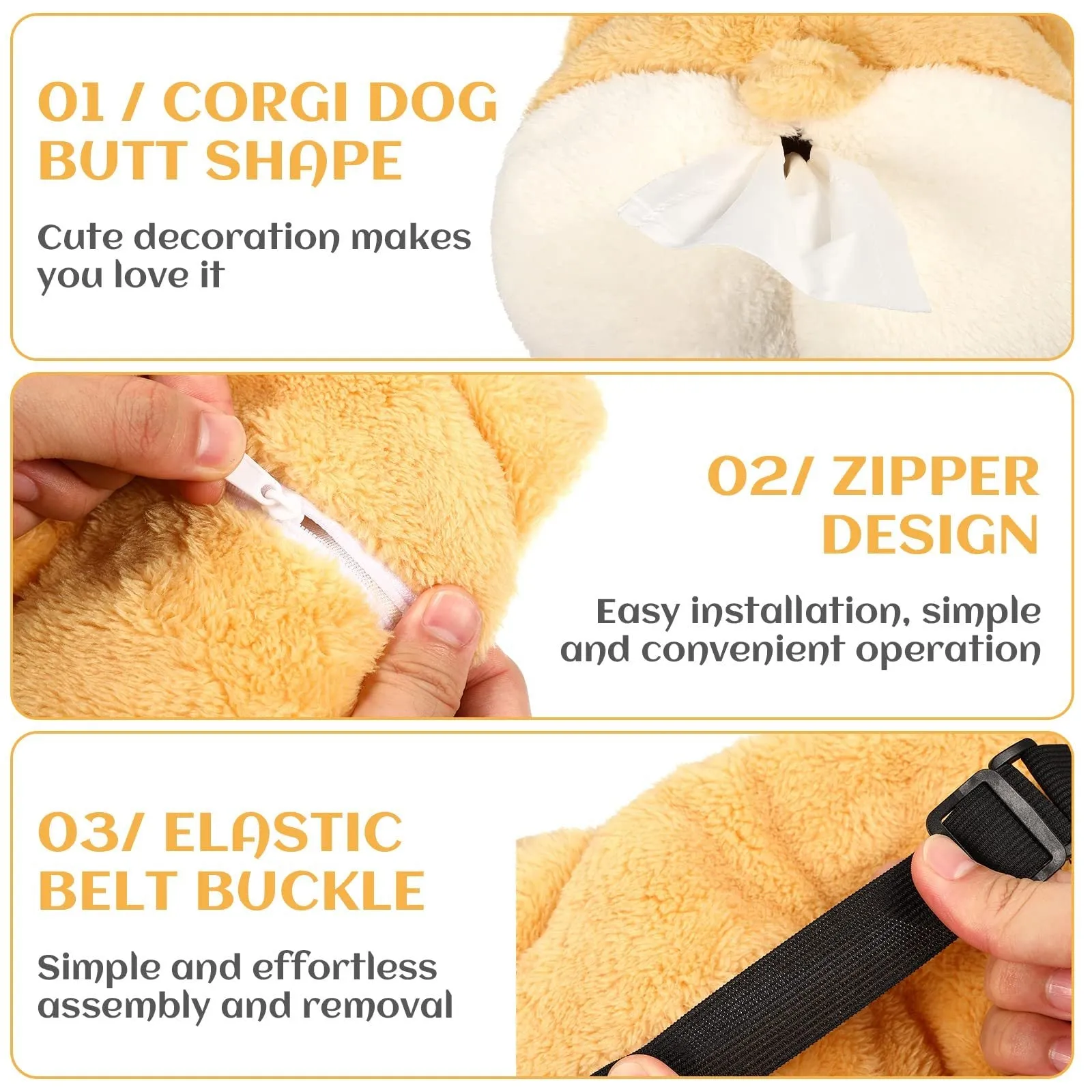 Soft yellow corgi butt-shaped tissue box cover with elastic strap for car sun visor.
