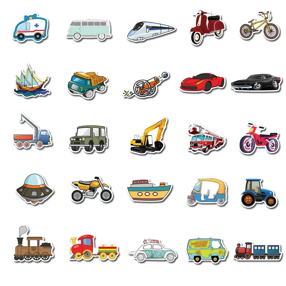 40 cartoon vehicle graffiti stickers including cars and excavators in a waterproof adhesive design