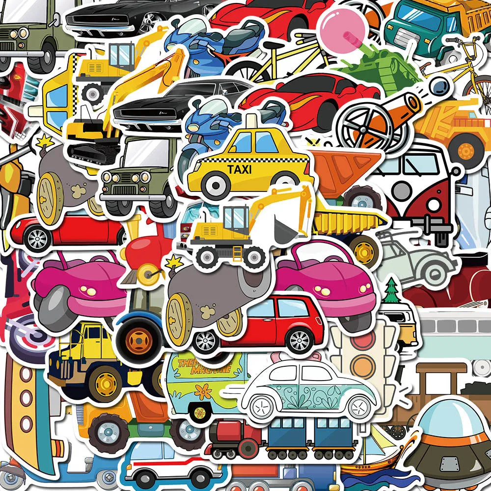 40 cartoon vehicle graffiti stickers including cars and excavators in a waterproof adhesive design