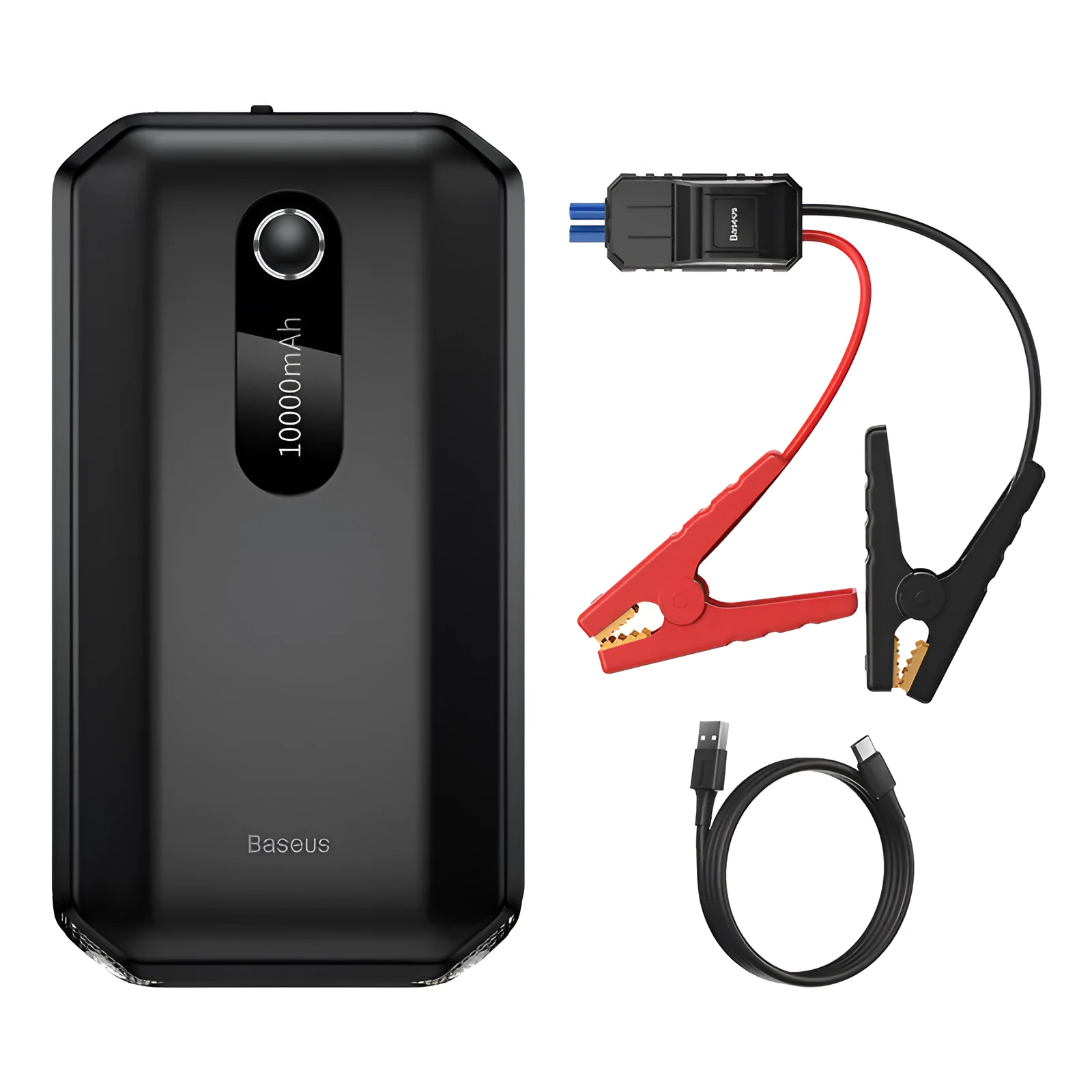 Black vehicle mounted emergency lighter jump starter with 10000mAh capacity and USB output
