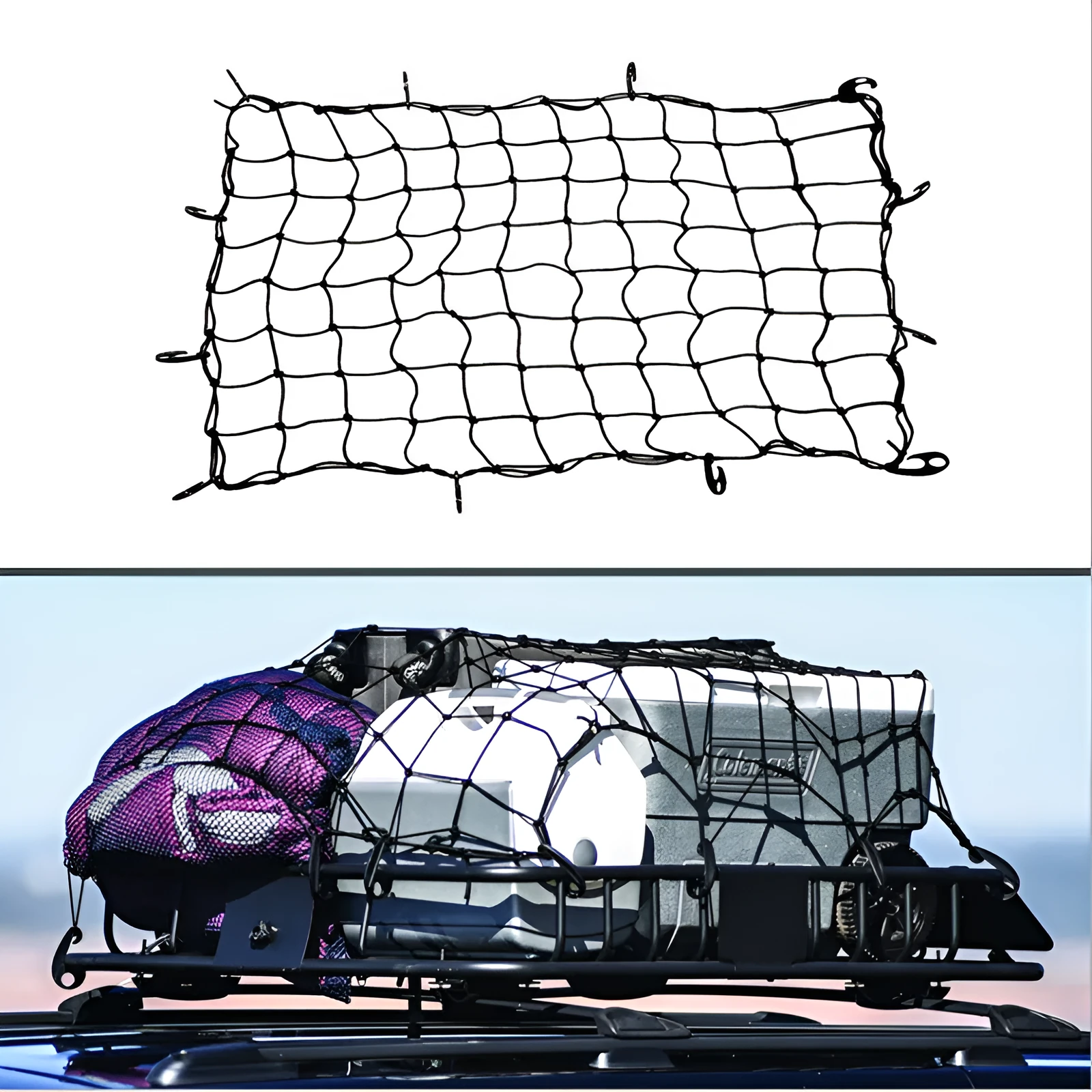 Black rope roof net for off-road vehicle cargo restraint, 1.2m x 0.9m