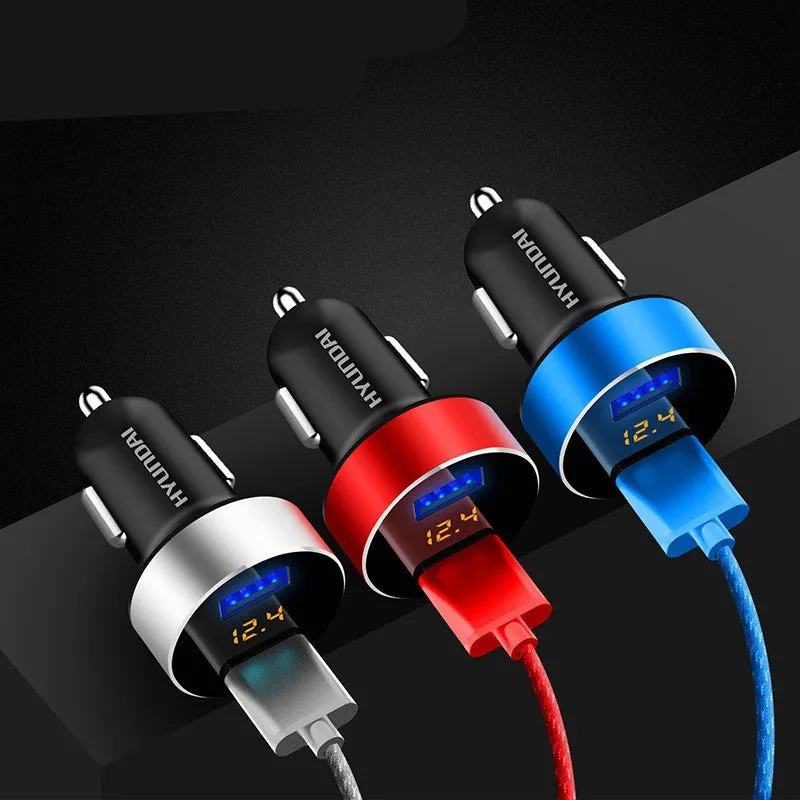 Compact car mobile phone charger with USB output in blue finish