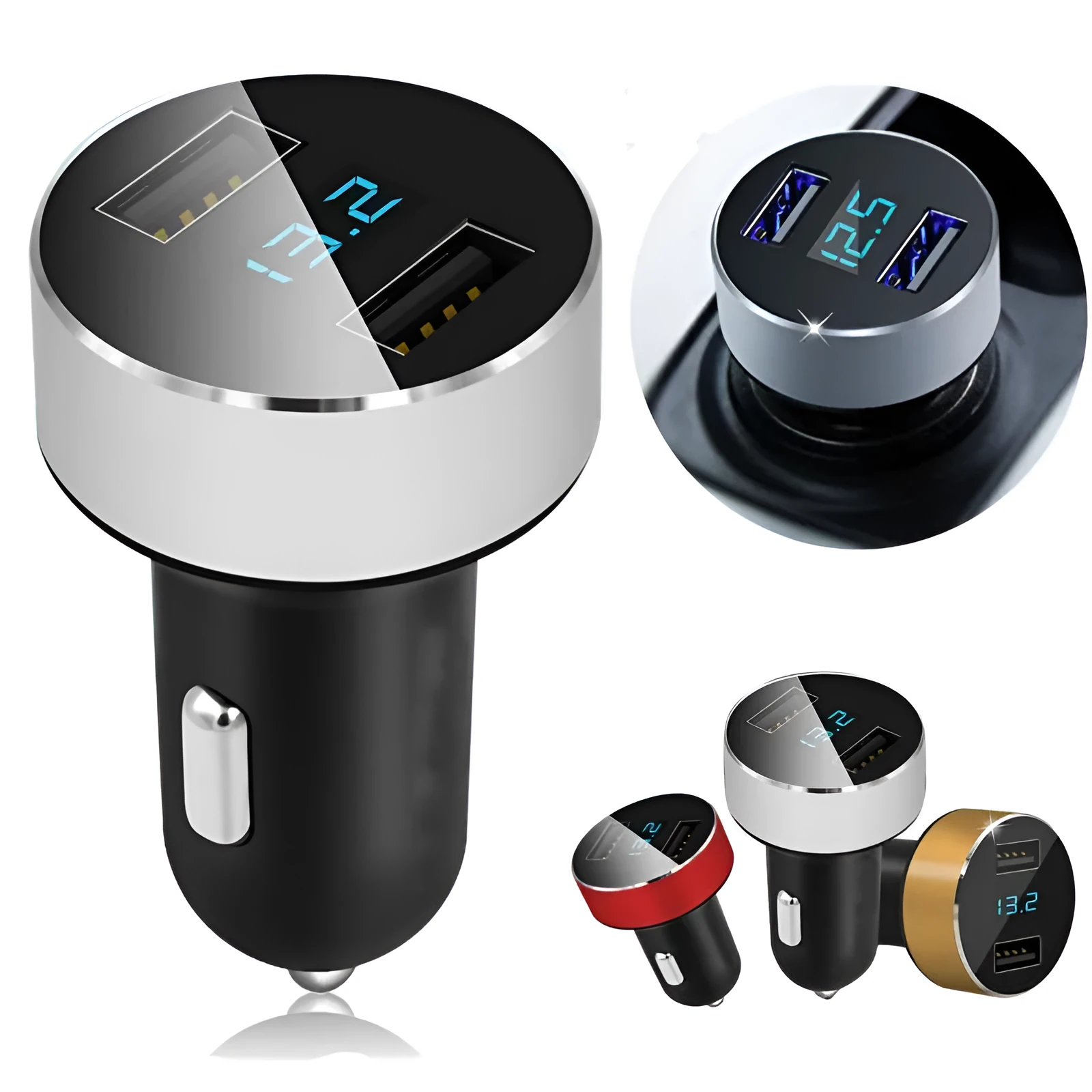 Compact car mobile phone charger with USB output in blue finish
