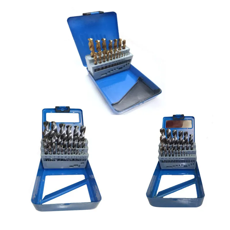 19-piece set of titanium-coated twist drill bits in an iron storage box