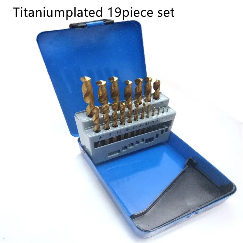 19-piece set of titanium-coated twist drill bits in an iron storage box