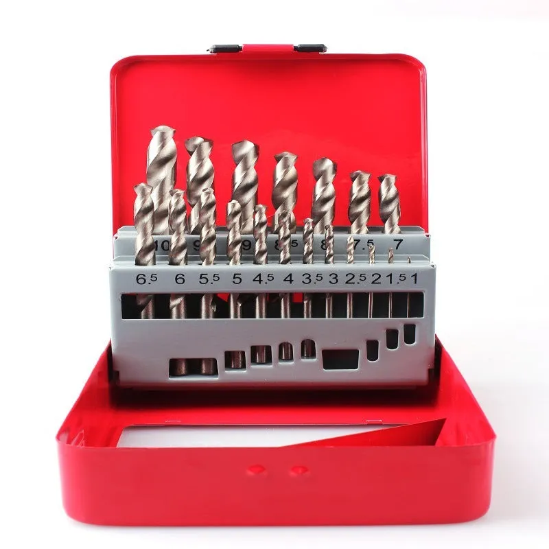 19-piece set of titanium-coated twist drill bits in an iron storage box
