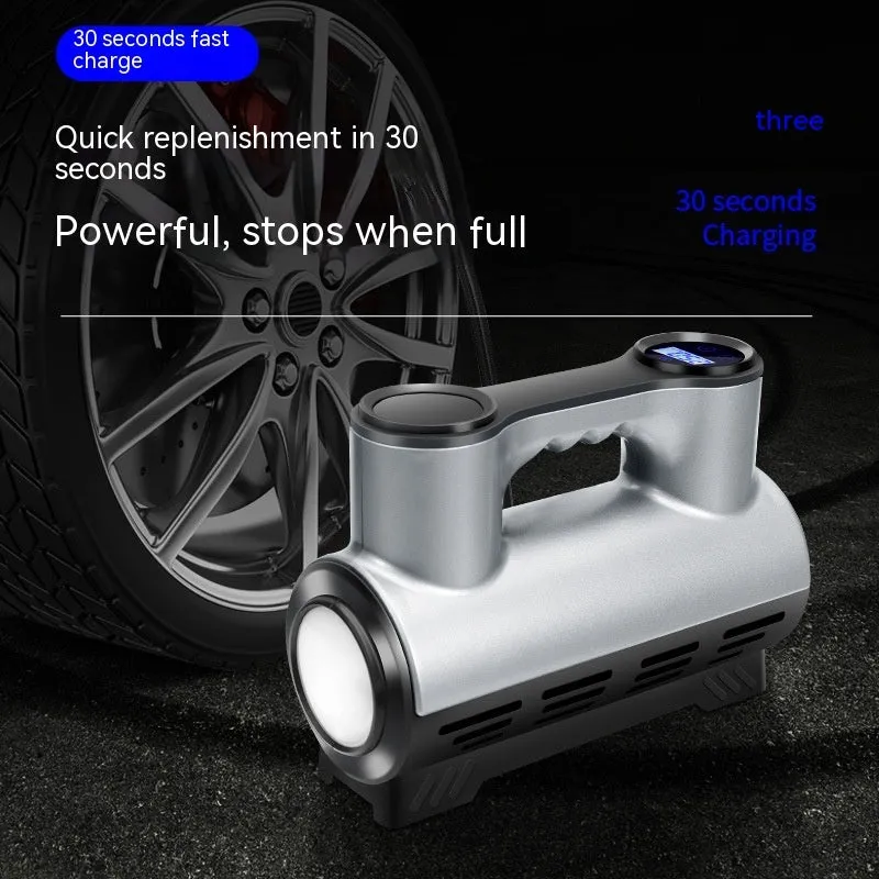 Compact black 12V portable car air pump with digital display and attached air hose.