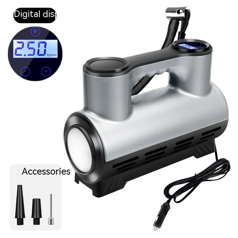 Compact black 12V portable car air pump with digital display and attached air hose.