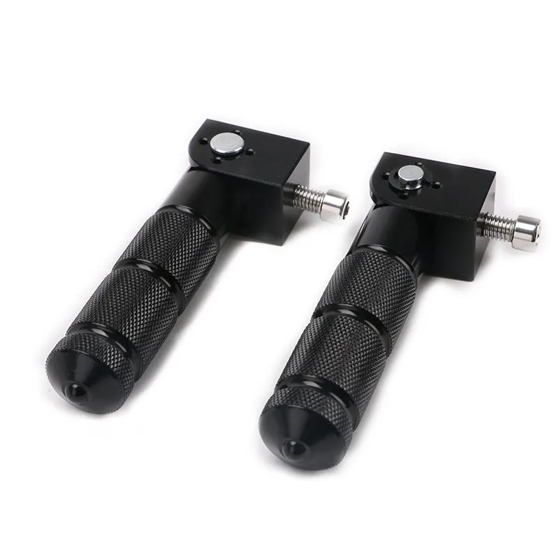 Two black universal motorcycle passenger footpegs with anti-slip surface, model HC019