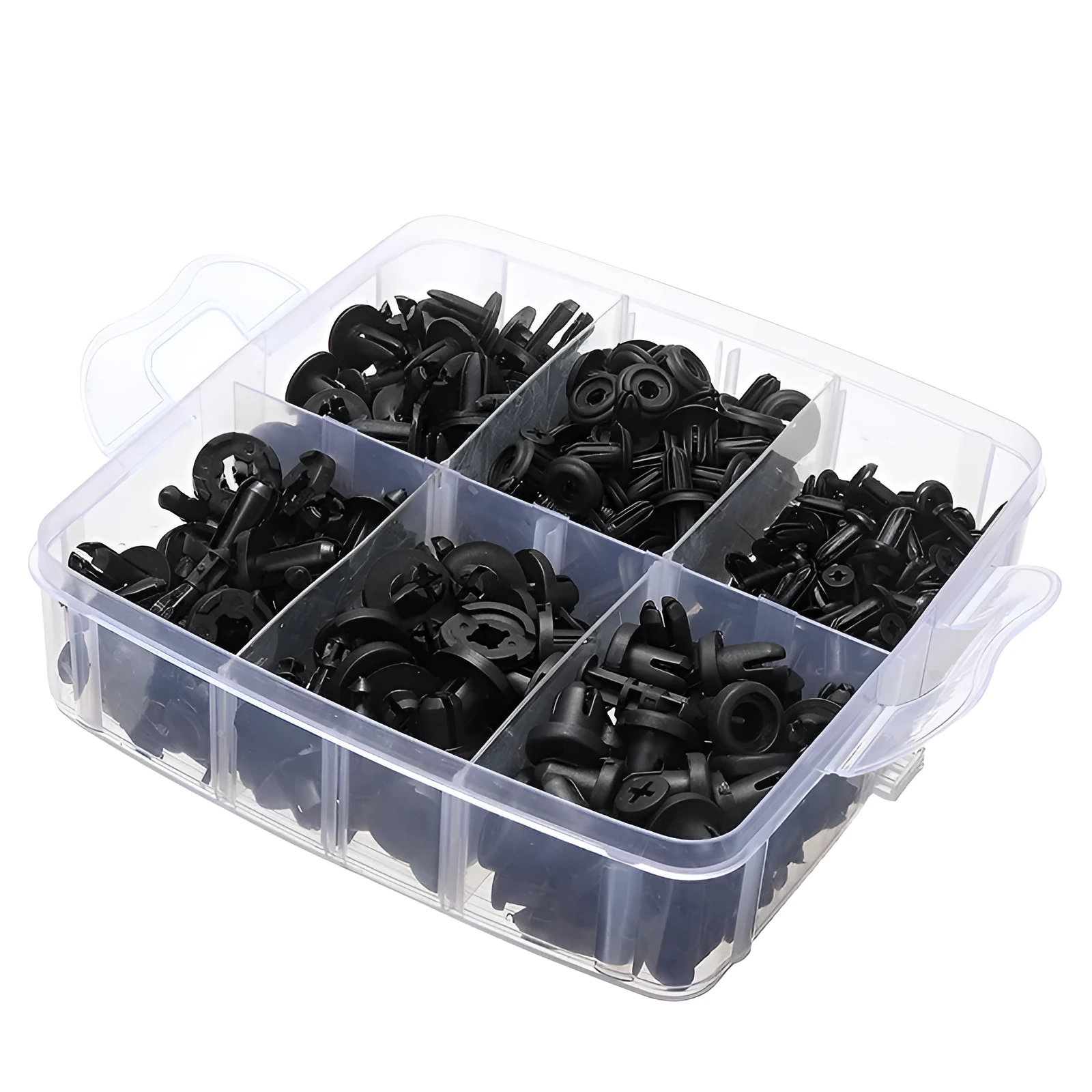 Automotive fastener kit with 721 boxed buckles, screwdriver, rocker, cable ties, and gaskets in carton packaging