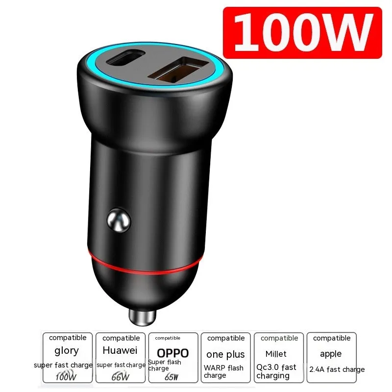 Black zinc alloy 200W car charger with compact 38mm design for vehicle USB charging