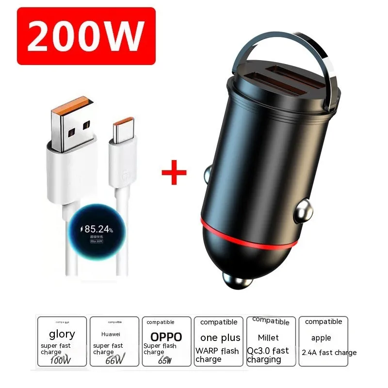 Black zinc alloy 200W car charger with compact 38mm design for vehicle USB charging
