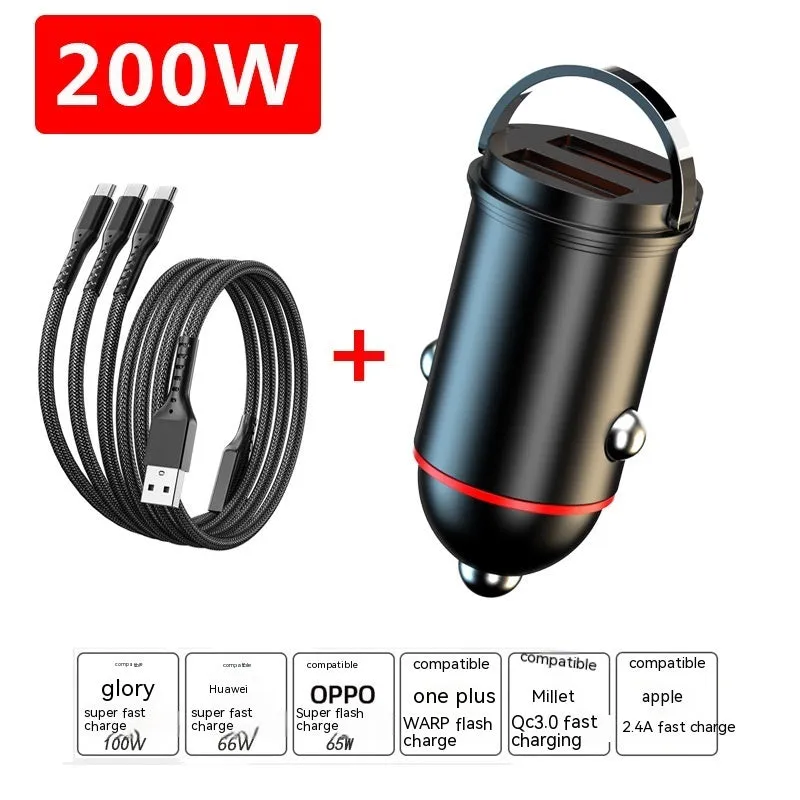Black zinc alloy 200W car charger with compact 38mm design for vehicle USB charging
