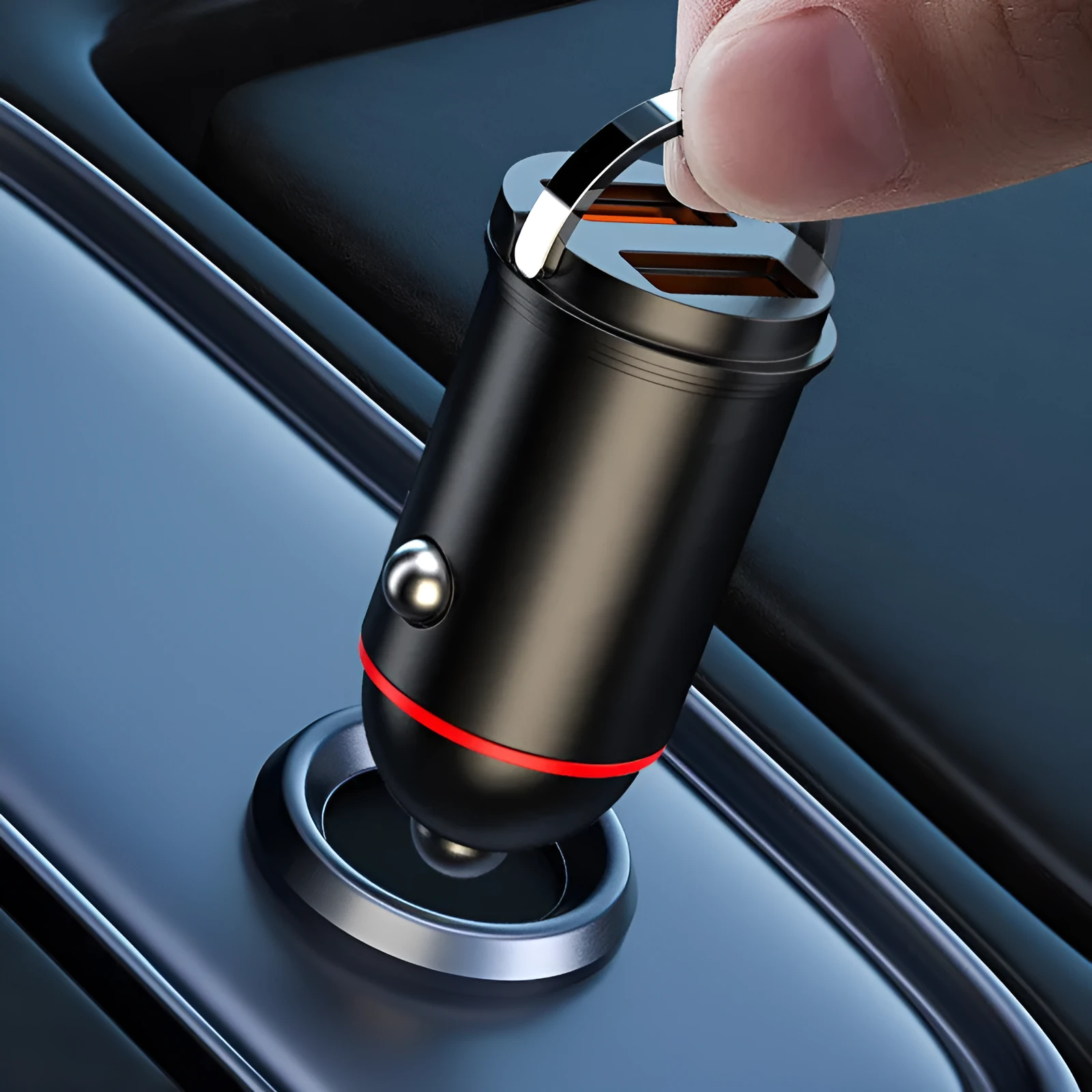 Black zinc alloy 200W car charger with compact 38mm design for vehicle USB charging