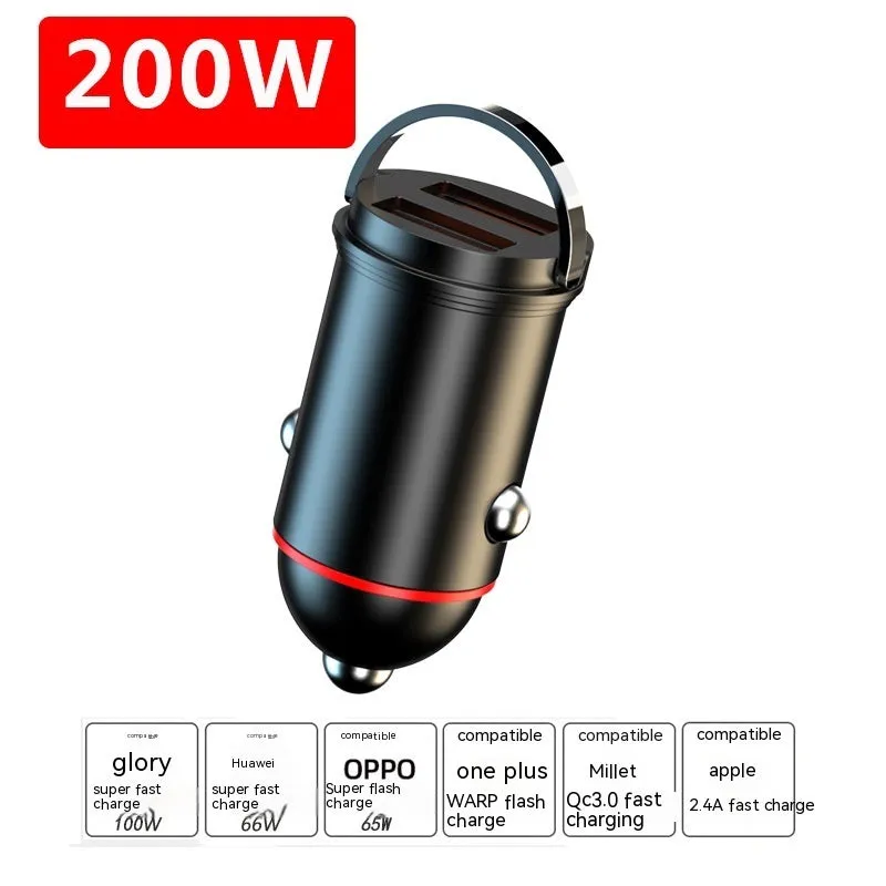 Black zinc alloy 200W car charger with compact 38mm design for vehicle USB charging