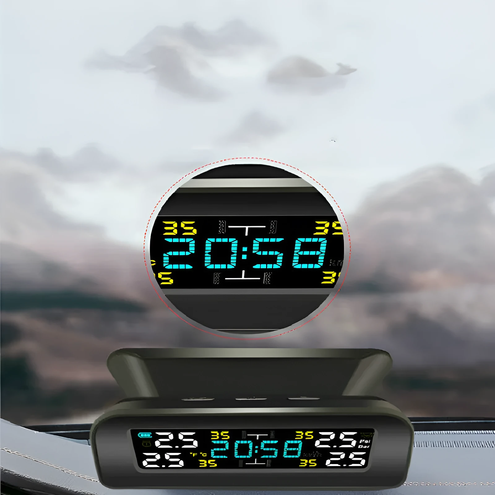 Black wireless solar tyre pressure monitor receiver on car dashboard with internal and external sensor options