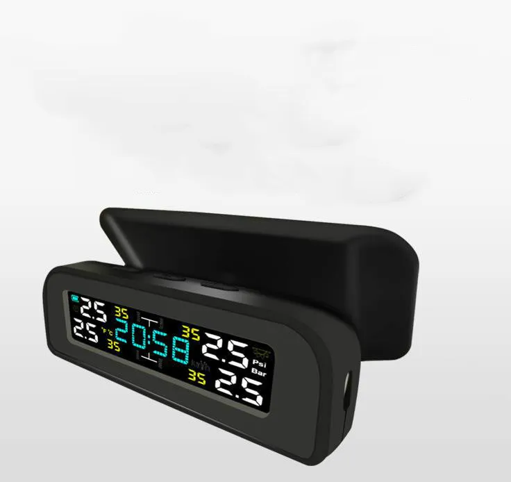 Black wireless solar tyre pressure monitor receiver on car dashboard with internal and external sensor options