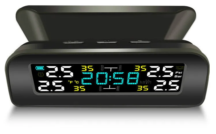 Black wireless solar tyre pressure monitor receiver on car dashboard with internal and external sensor options