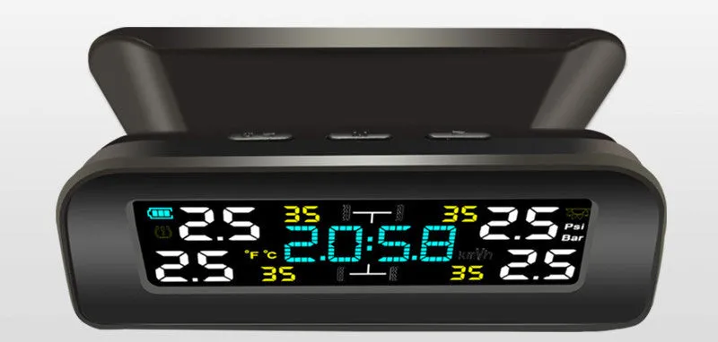 Black wireless solar tyre pressure monitor receiver on car dashboard with internal and external sensor options