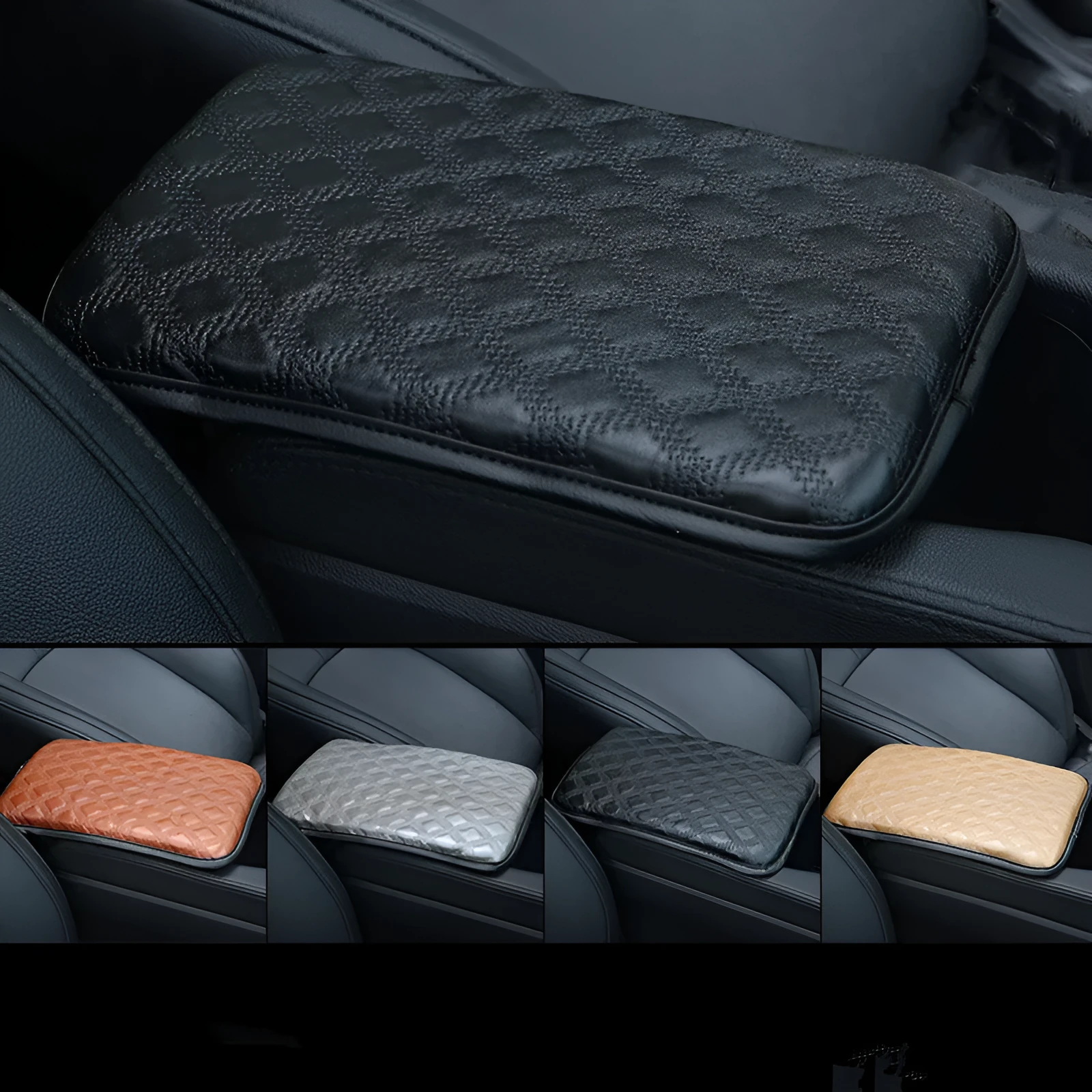 Universal car armrest box cushion in black leather and sponge for interior central armrest