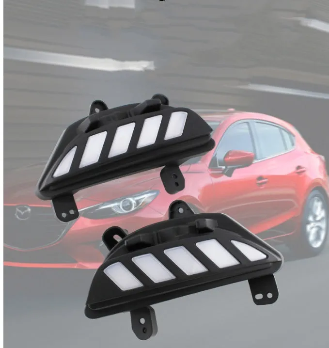 LED daytime running light fog light modification kit for 14-16 Mazda Atenza with white driving light and yellow turn signal streamer, black ABS housing