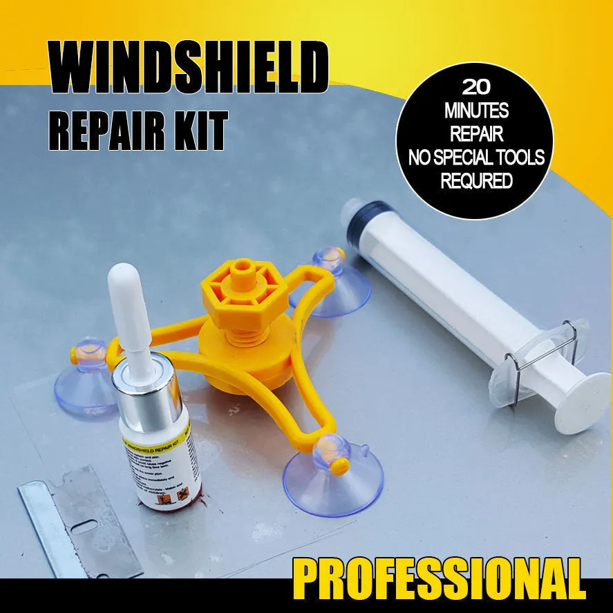 Yellow plastic triangle bracket auto glass repair tool with 2ml fluid for windshield chips and scratches