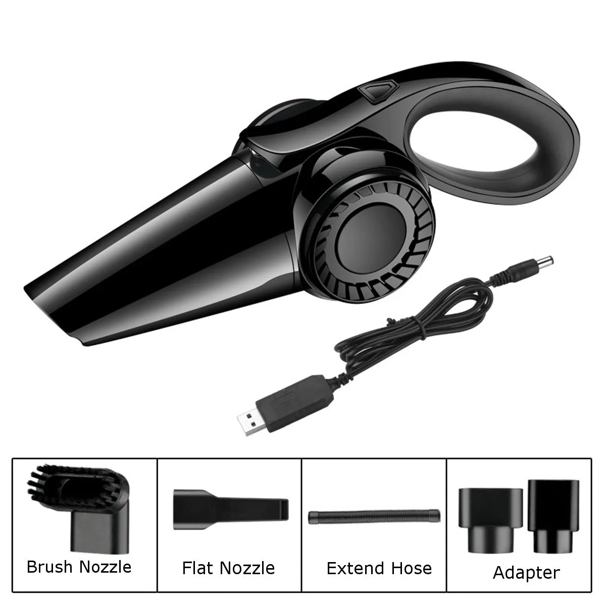 Portable handheld car vacuum cleaner cordless wet dry rechargeable in black with USB charging cable