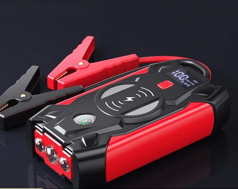 Red car jump starter power pack with digital display and thick battery clips