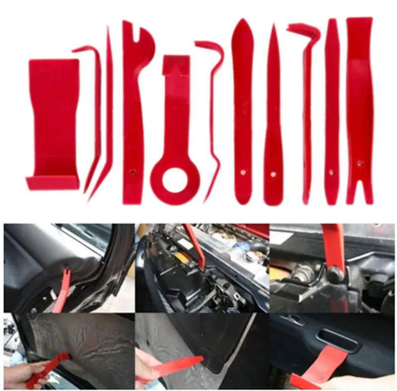 11 red plastic car disassembly tools including panel removers and clip removers for stereo refit kit