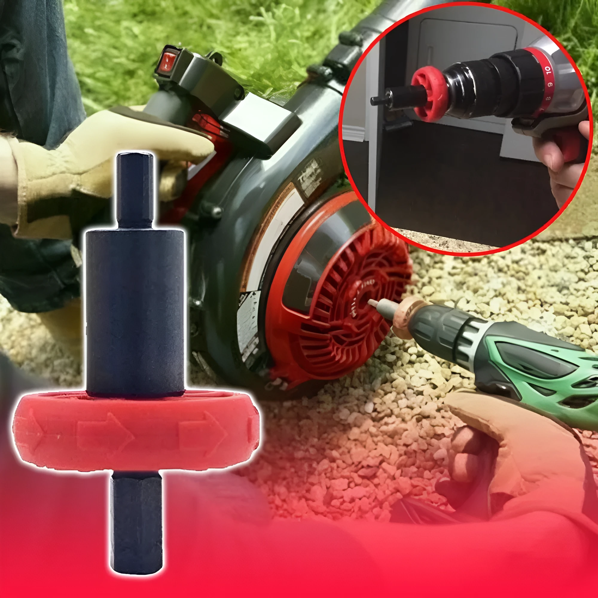 Red rubber alloy electric start motor starter adapter for power drill, dimensions 8.5 cm x 3.9 cm x 10.5 cm