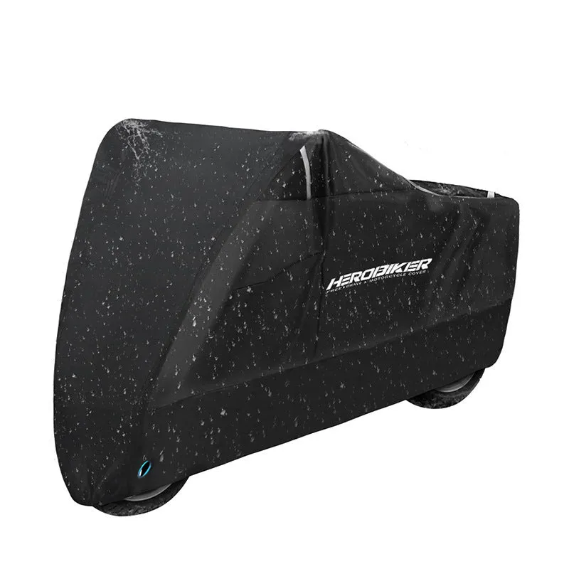 Black polyester motorcycle rain cover with anti-theft features shown fitted on a bike