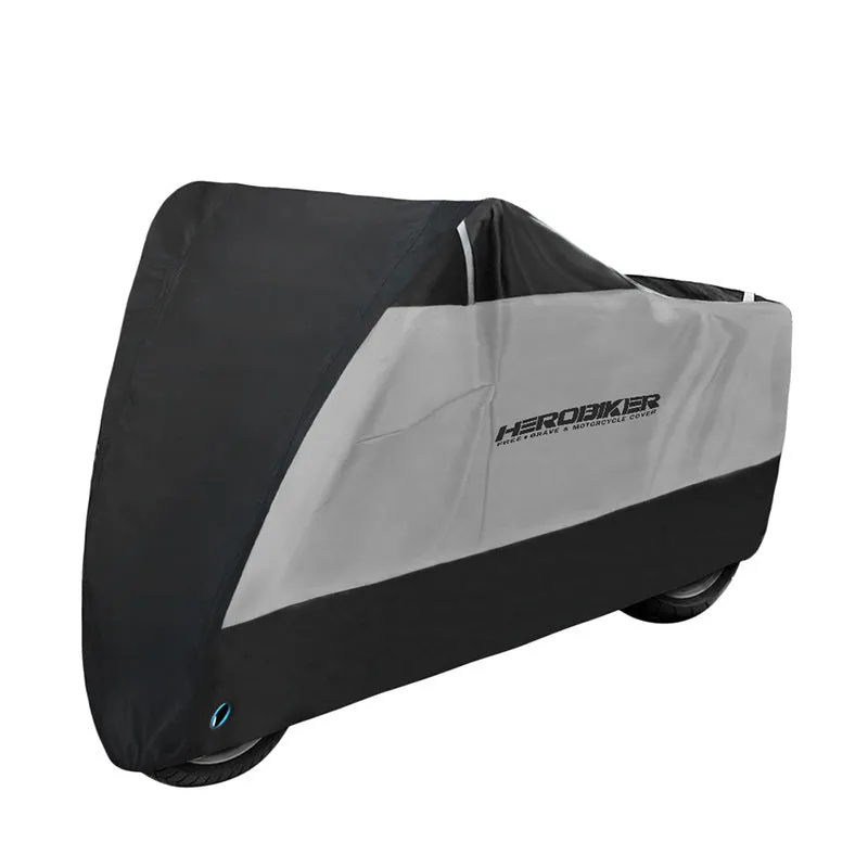 Black polyester motorcycle rain cover with anti-theft features shown fitted on a bike