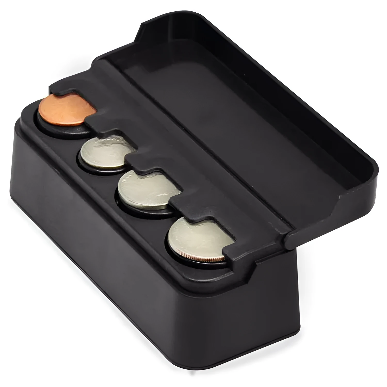 Black plastic car coin box 4.2x3.6x11.5cm with solid colour finish