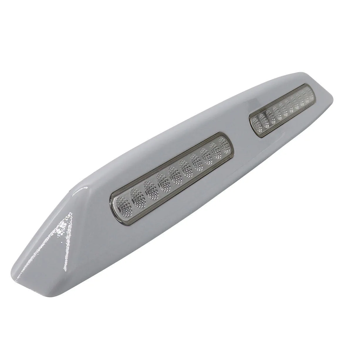 Silver aluminium caravan porch light with white LED mounted on exterior wall