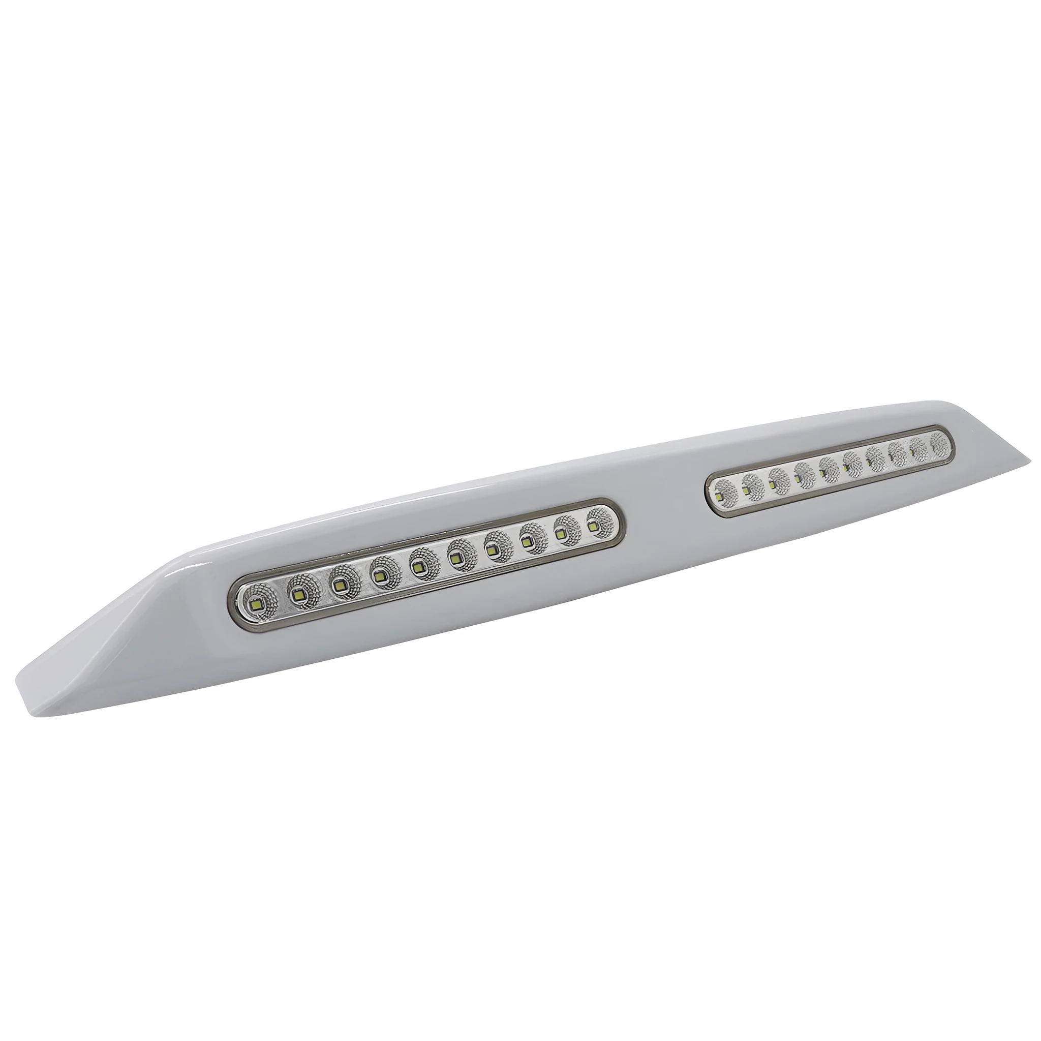 Silver aluminium caravan porch light with white LED mounted on exterior wall