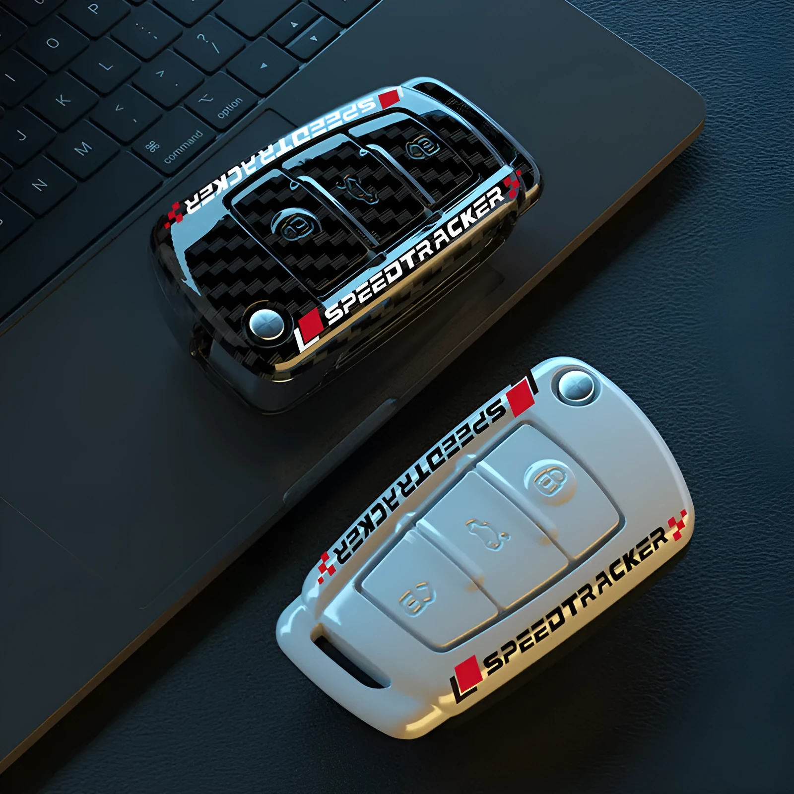 Carbon fibre style car key cover in carbon and white colours with mirror accessory