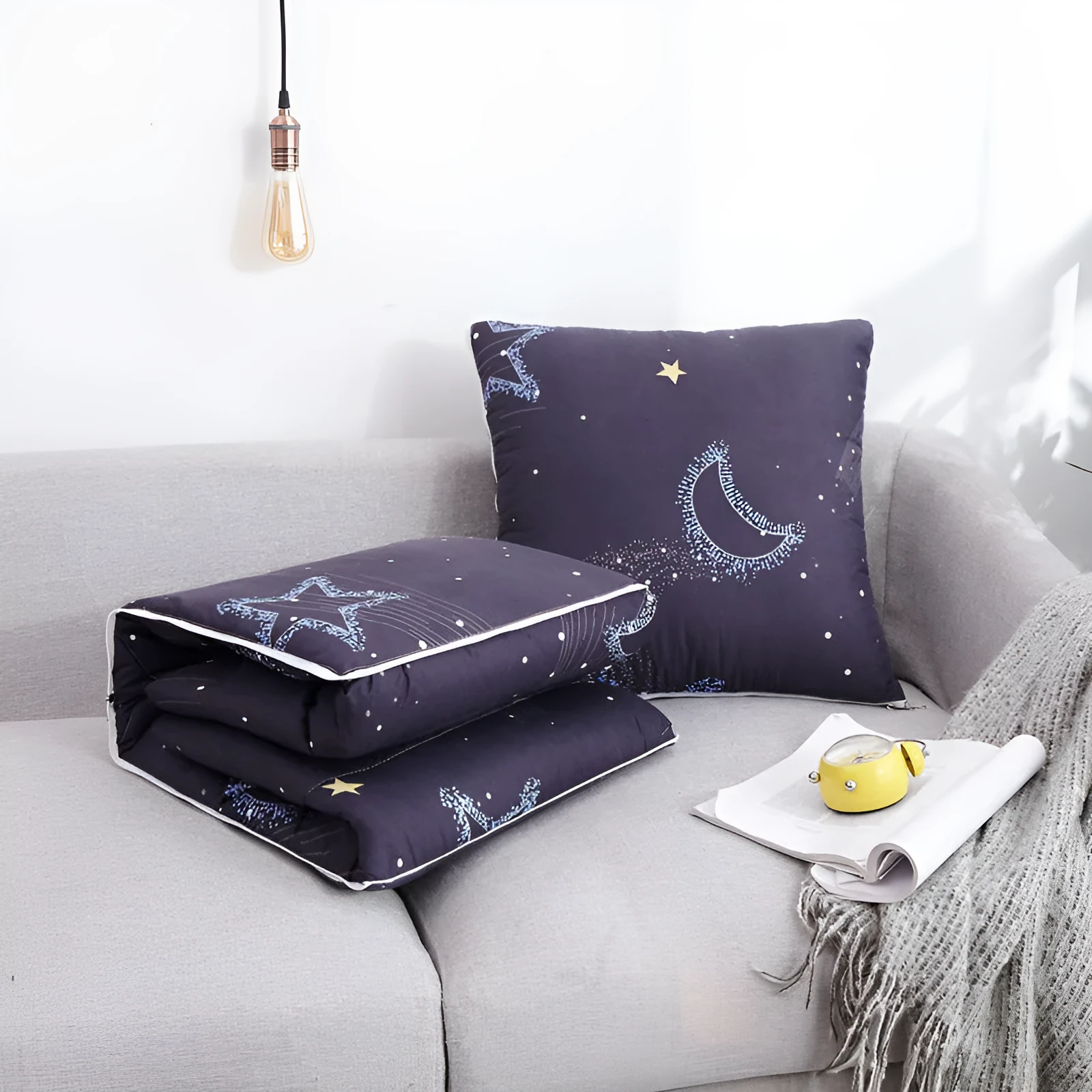 Set of decorative car pillow covers in Chinese style with cotton polyester blend in blue, gray, strawberry pie, car, stars, and whale colours.
