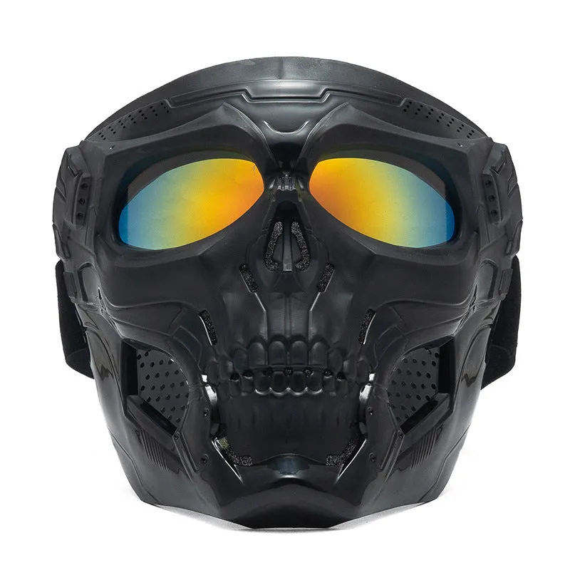 Skull riding mirror windproof goggles unisex full frame with interchangeable lens and headband in black