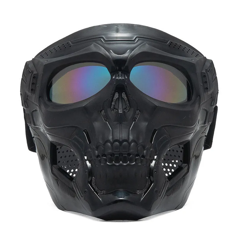 Skull riding mirror windproof goggles unisex full frame with interchangeable lens and headband in black