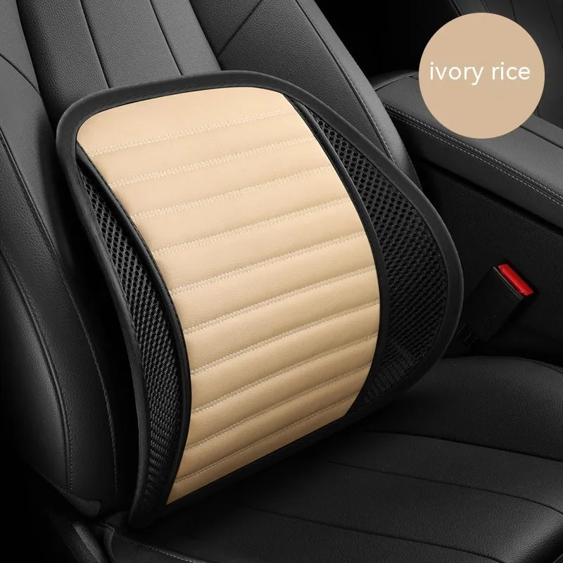 Memory foam car lumbar support cushion with adjustable straps shown in sapphire blue colour