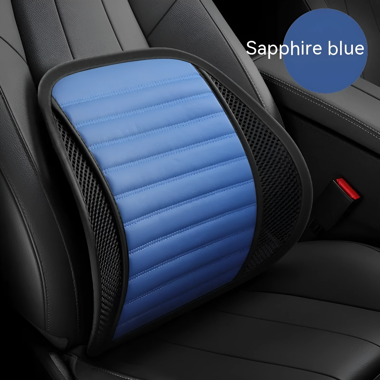Memory foam car lumbar support cushion with adjustable straps shown in sapphire blue colour
